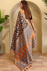 Gratifying Orange and Black Viscose Dola Silk Printed Saree With Glittering Blouse Piece