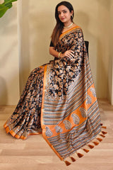 Gratifying Orange and Black Viscose Dola Silk Printed Saree With Glittering Blouse Piece