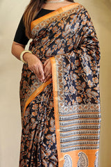 Gratifying Orange and Black Viscose Dola Silk Printed Saree With Glittering Blouse Piece
