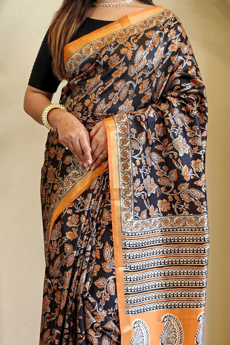 Gratifying Orange and Black Viscose Dola Silk Printed Saree With Glittering Blouse Piece