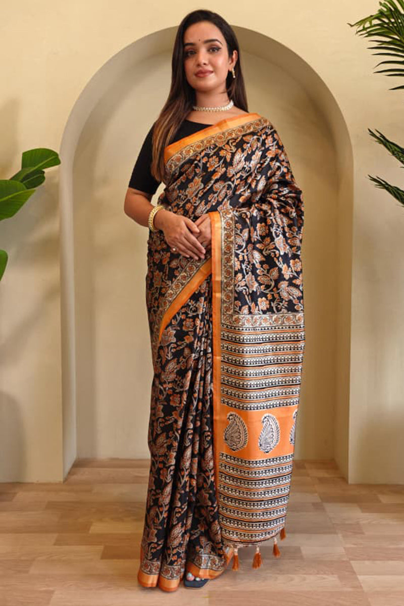 Gratifying Orange and Black Viscose Dola Silk Printed Saree With Glittering Blouse Piece