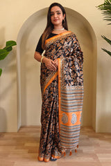 Gratifying Orange and Black Viscose Dola Silk Printed Saree With Glittering Blouse Piece