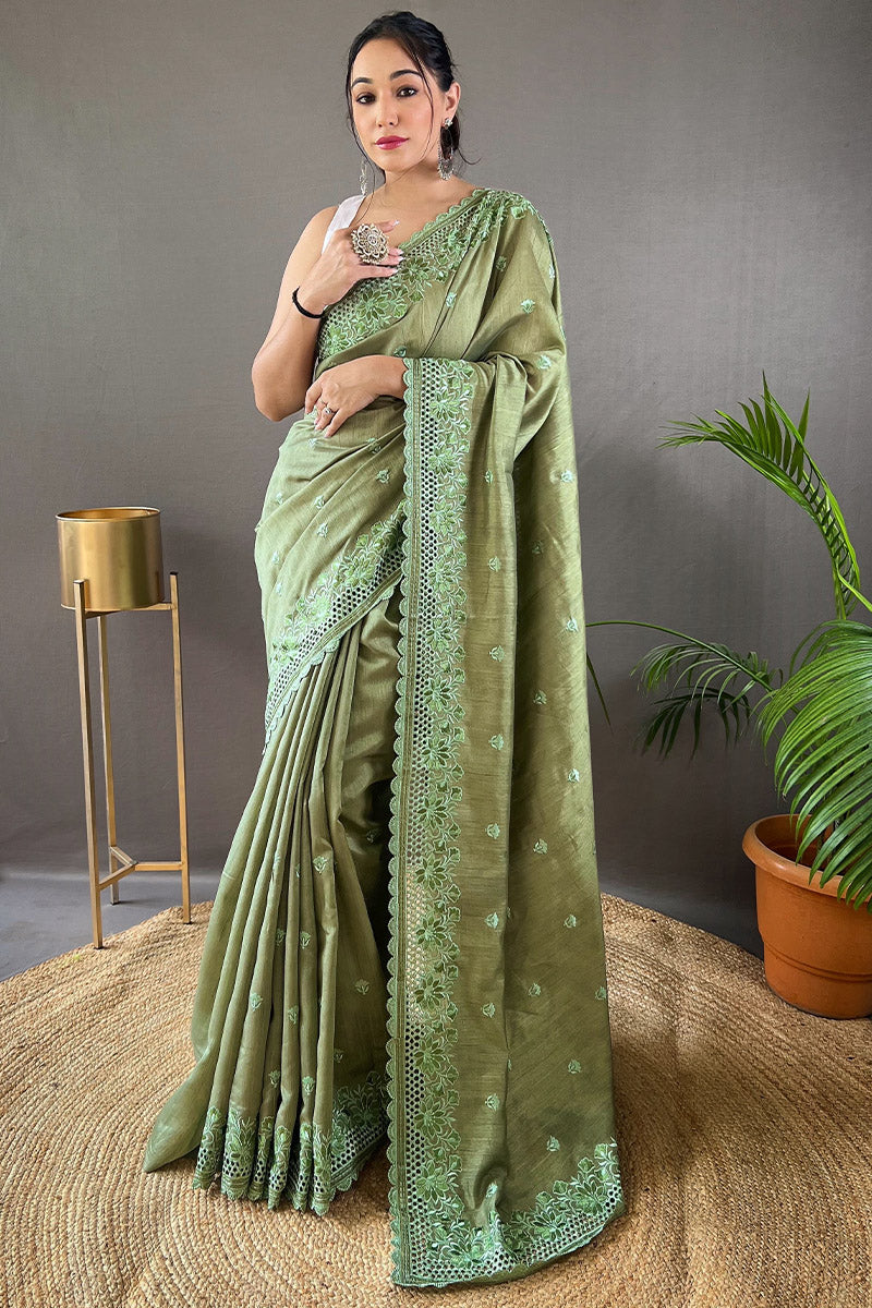 Staggering Green Embroidery Work Soft Silk Saree With Surreptitious Blouse Piece