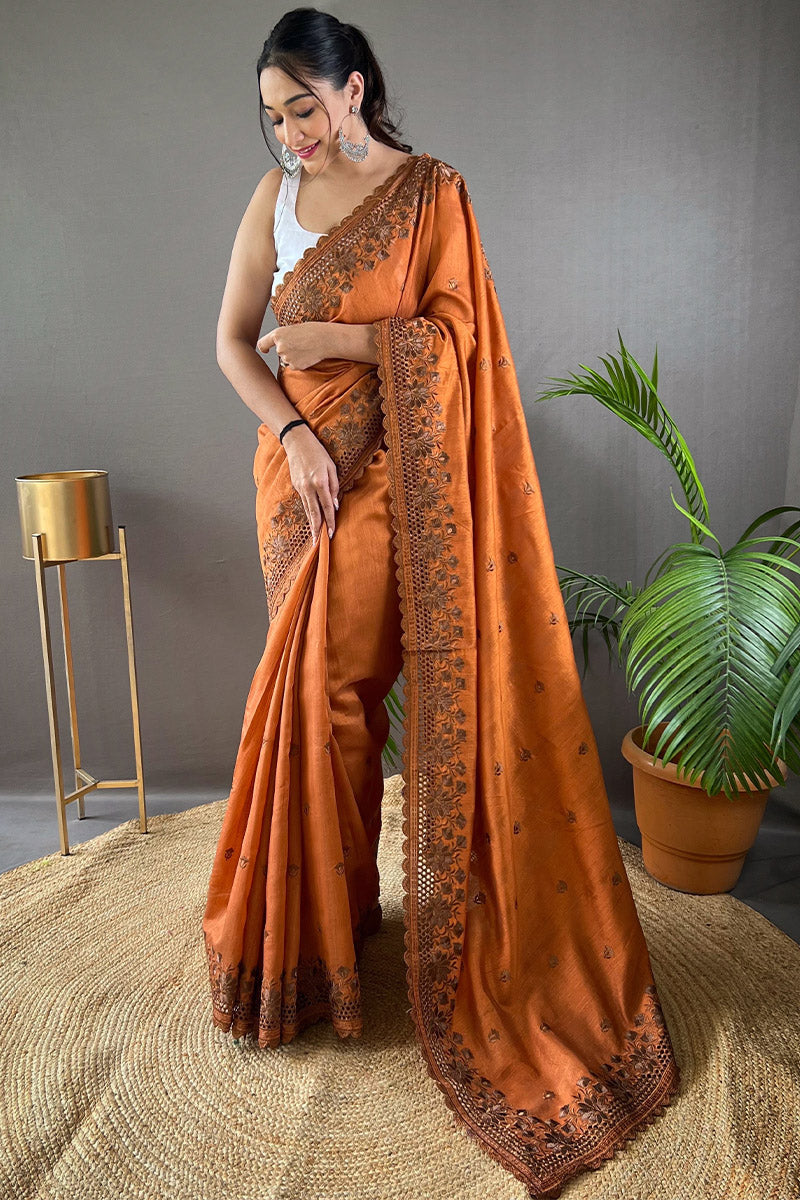 Panoply Orange Embroidery Work Soft Silk Saree With Forbearance Blouse Piece | Designer Saree | _altfin_Tasrika-Amaira-Orange, Designer Saree, Heavy Collection | MarMera