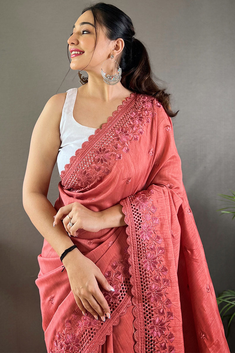 Ebullience Red Embroidery Work Soft Silk Saree With Brood Blouse Piece