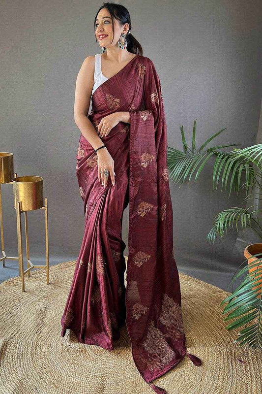 Ravishing Brown Embroidery Work Soft Silk Saree With Resonant Blouse Piece