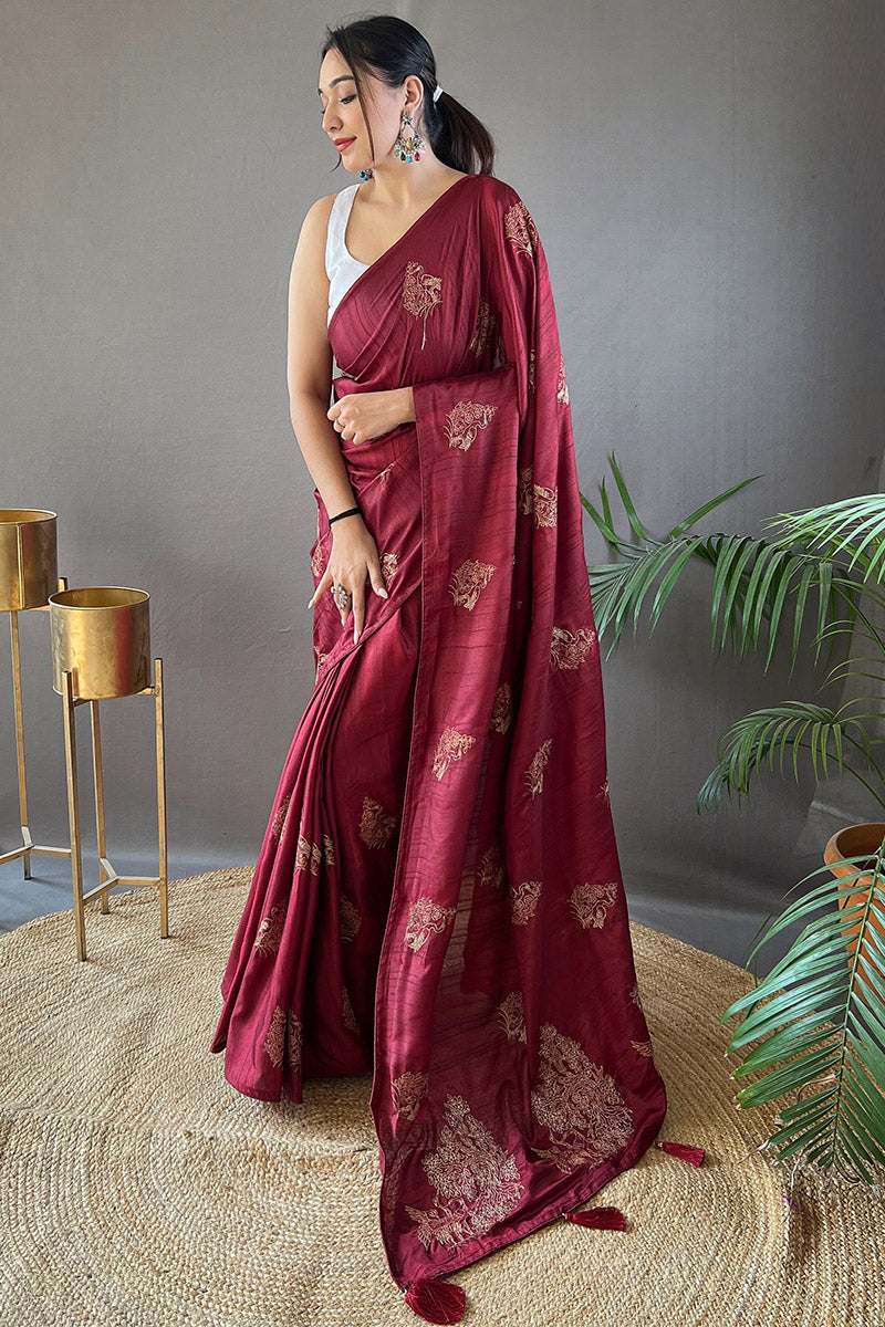 Beguiling Wine Embroidery Work Soft Silk Saree With Grandiose Blouse Piece