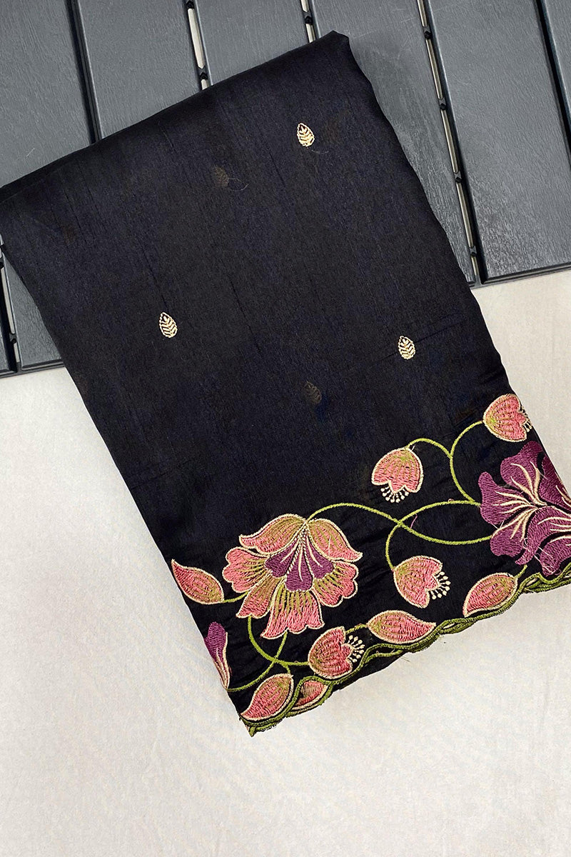 Hypnotic Black Embroidery Work Tussar Silk Saree With Majesty Blouse Piece