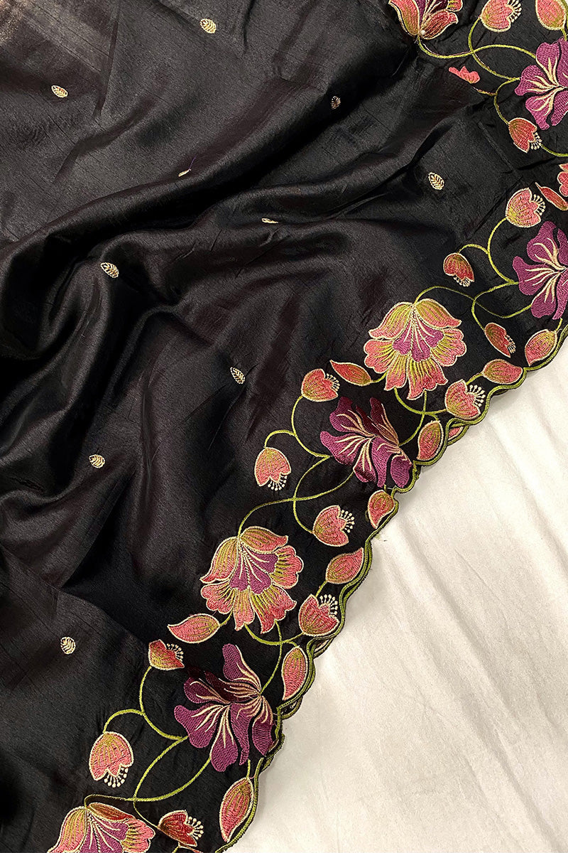 Hypnotic Black Embroidery Work Tussar Silk Saree With Majesty Blouse Piece