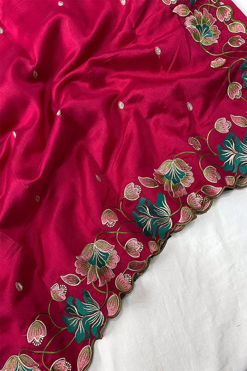 Arresting Dark Pink Embroidery Work Tussar Silk Saree With Fairytale Blouse Piece