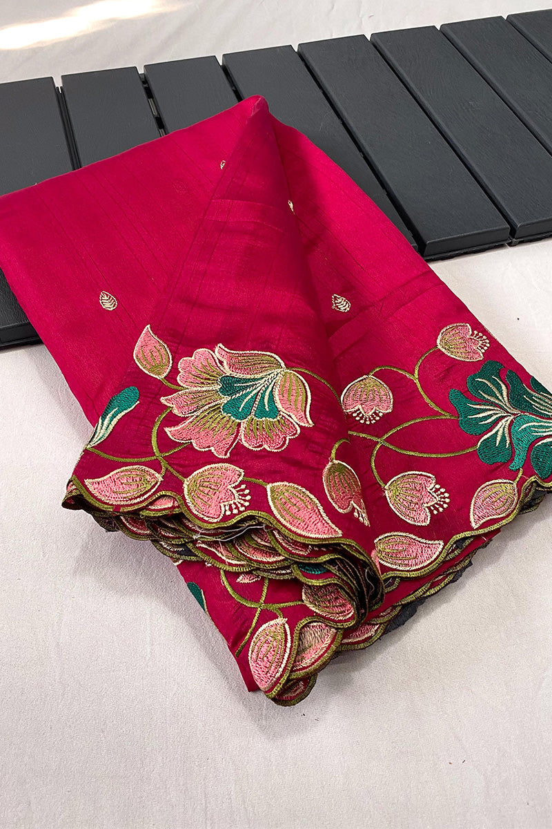 Arresting Dark Pink Embroidery Work Tussar Silk Saree With Fairytale Blouse Piece