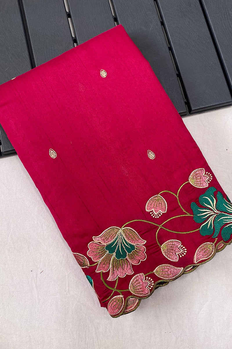 Arresting Dark Pink Embroidery Work Tussar Silk Saree With Fairytale Blouse Piece