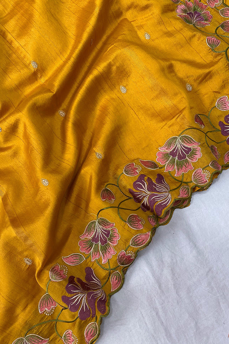 Groovy Mustard Embroidery Work Tussar Silk Saree With Flamboyant Blouse Piece