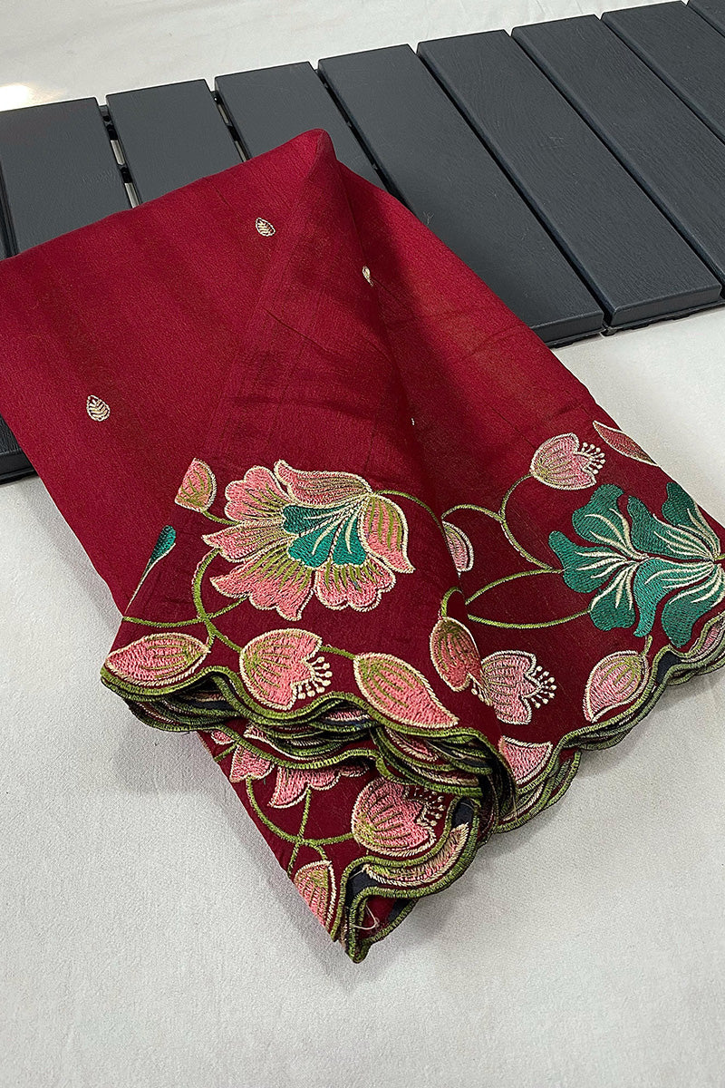 Unique Red Embroidery Work Tussar Silk Saree With Sizzling Blouse Piece | Designer Saree | _ljr_Tasrika-Amrita, Designer Saree, Lajree Collection | MarMera