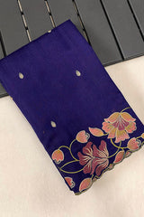 Gratifying Royal Blue Embroidery Work Tussar Silk Saree With Glowing Blouse Piece