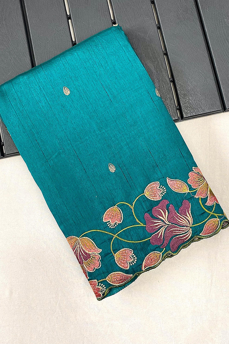 Designer Turquoise Embroidery Work Tussar Silk Saree With Blooming Blouse Piece