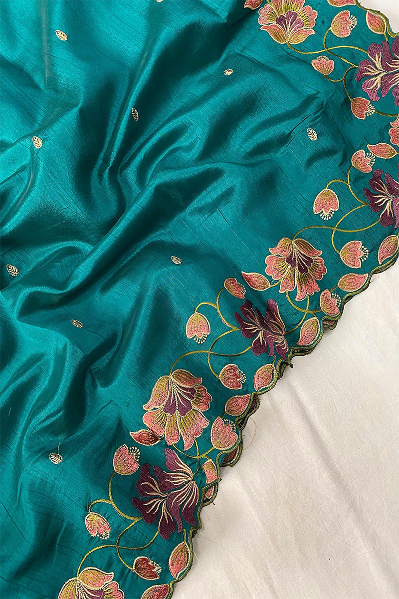 Designer Turquoise Embroidery Work Tussar Silk Saree With Blooming Blouse Piece