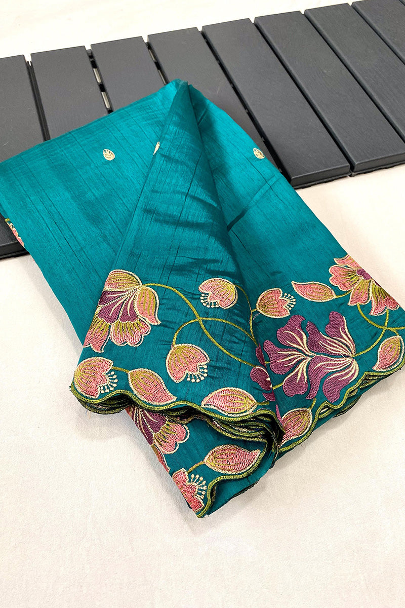 Designer Turquoise Embroidery Work Tussar Silk Saree With Blooming Blouse Piece