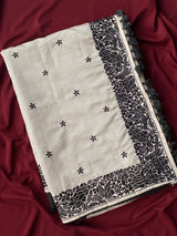 Demanding Off White Embroidery Work Tussar Silk Saree With Pleasurable Blouse Piece