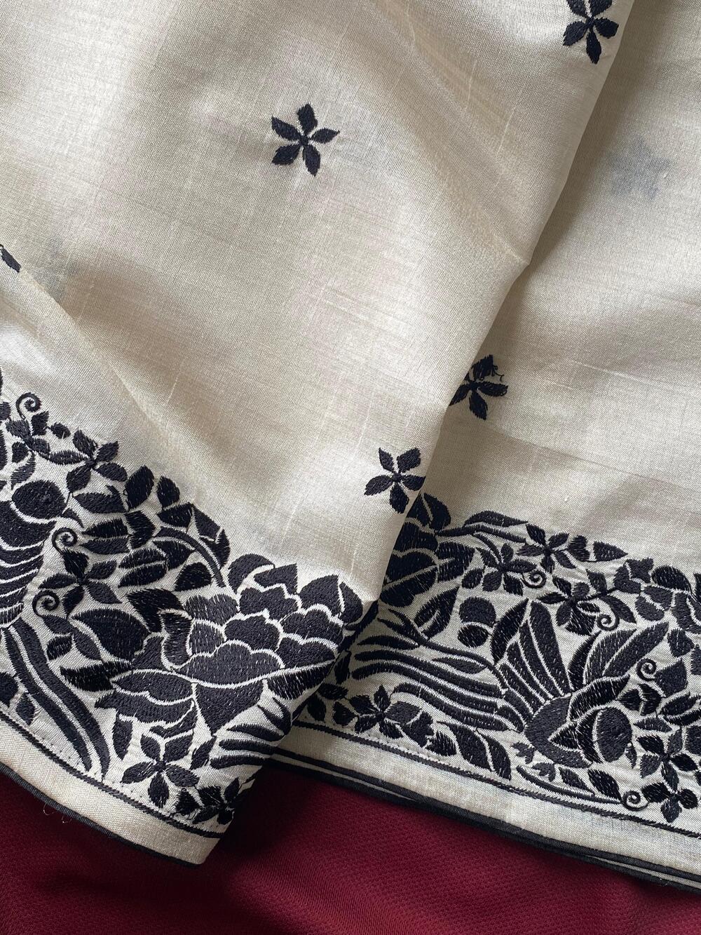 Demanding Off White Embroidery Work Tussar Silk Saree With Pleasurable Blouse Piece