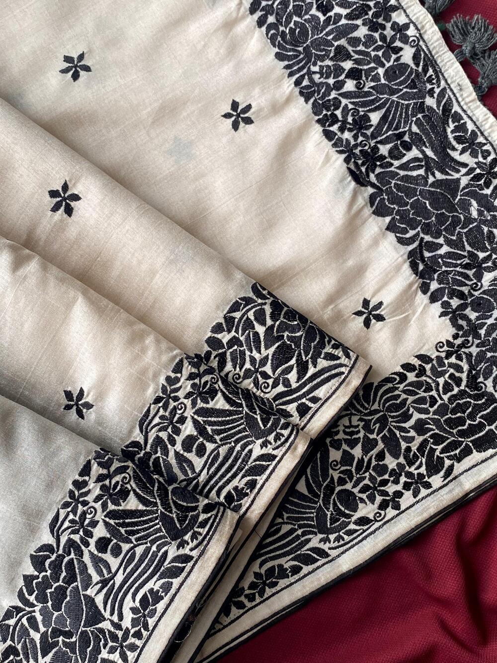 Demanding Off White Embroidery Work Tussar Silk Saree With Pleasurable Blouse Piece