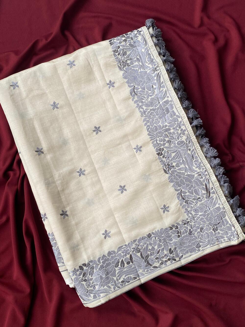 Sempiternal Off White Embroidery Work Tussar Silk Saree With Vestigial Blouse Piece