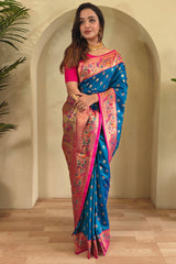 Intricate Blue Paithani Silk Saree With Flaunt Blouse Piece