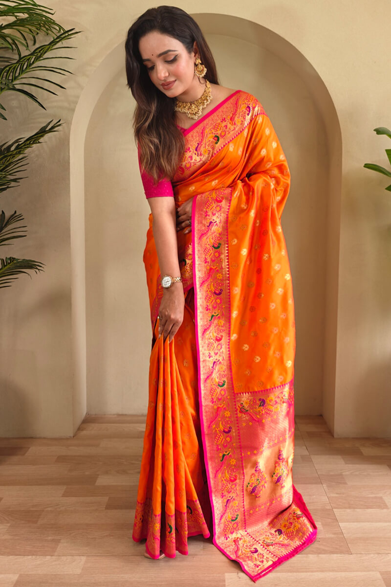 Appealing Orange Paithani Silk Saree With Jazzy Blouse Piece