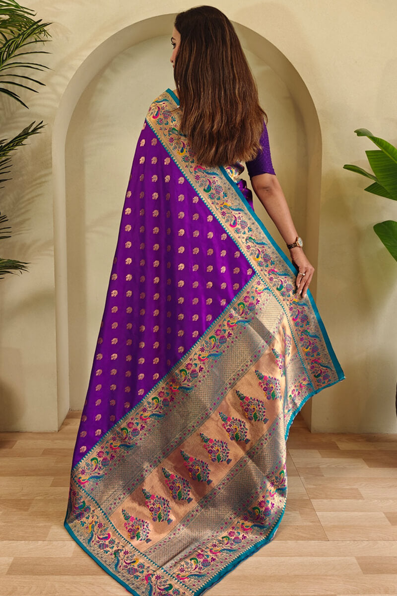 Incomparable Purple Paithani Silk Saree With Adorning Blouse Piece