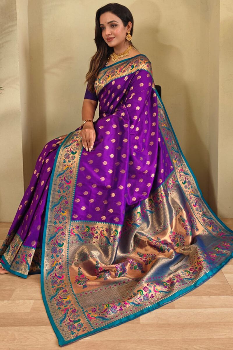 Incomparable Purple Paithani Silk Saree With Adorning Blouse Piece