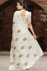 Twirling Beige Embroidery Work Chiffon Silk Saree With Brood Blouse Piece