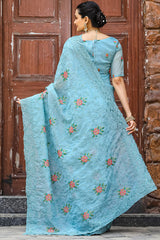 Murmurous Firozi Embroidery Work Chiffon Silk Saree With Devastating Blouse Piece
