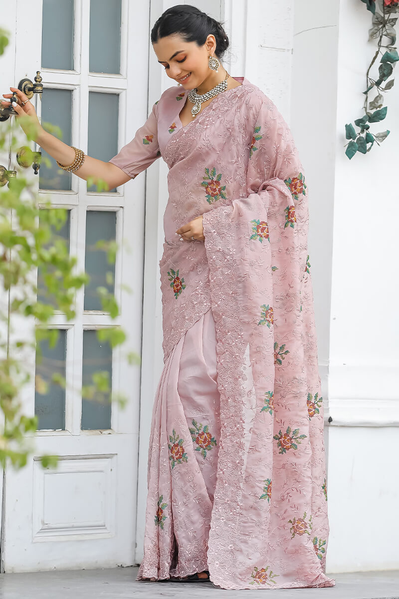 Zephyr Peach Embroidery Work Chiffon Silk Saree With Inimitable Blouse Piece | Designer Saree | _ljr3_Tasrika-Ankita, Designer Saree, Lajree Collection 3 | MarMera