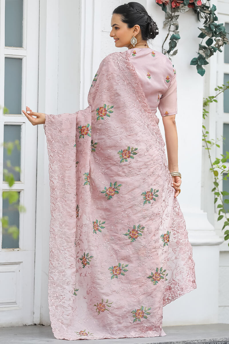 Zephyr Peach Embroidery Work Chiffon Silk Saree With Inimitable Blouse Piece