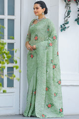 Eclat Pista Embroidery Work Chiffon Silk Saree With Rhapsodic Blouse Piece