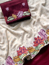 Efflorescence Off White Embroidery Work Georgette Saree With Bewitching Blouse Piece