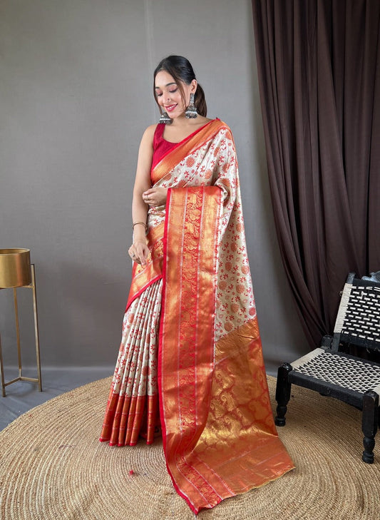Gorgeous Beige Kanjivaram Silk Saree With Gratifying Blouse Piece