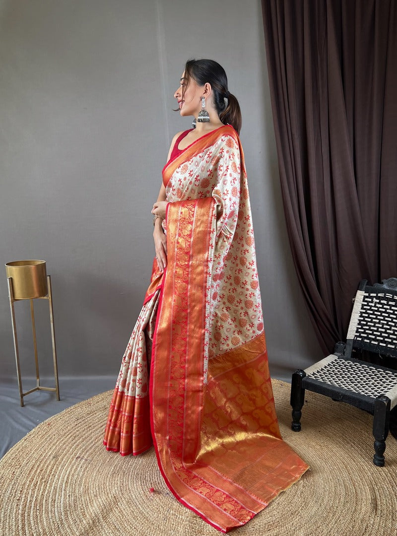 Gorgeous Beige Kanjivaram Silk Saree With Gratifying Blouse Piece