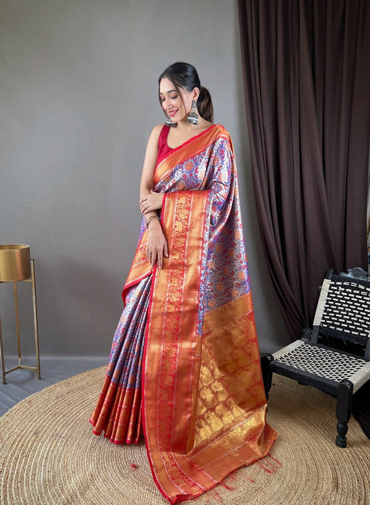 Intricate Blue Kanjivaram Silk Saree With Engrossing Blouse Piece