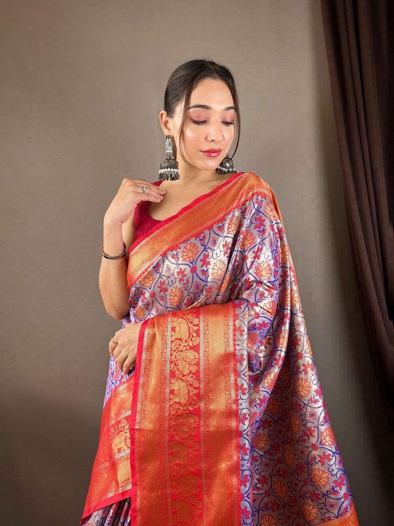 Intricate Blue Kanjivaram Silk Saree With Engrossing Blouse Piece