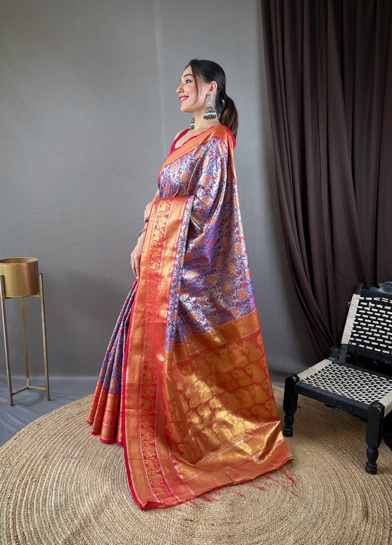 Intricate Blue Kanjivaram Silk Saree With Engrossing Blouse Piece