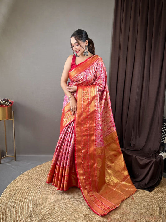 Evocative Pink Kanjivaram Silk Saree With Palimpsest Blouse Piece