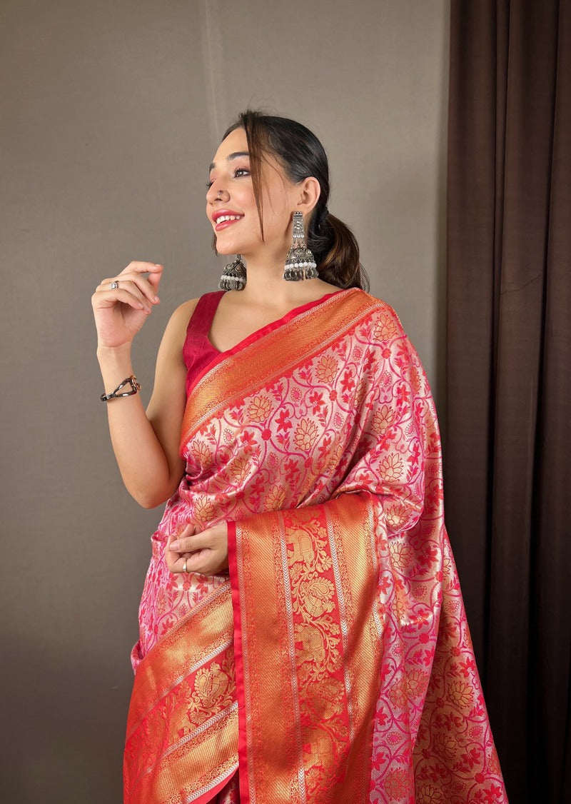 Evocative Pink Kanjivaram Silk Saree With Palimpsest Blouse Piece