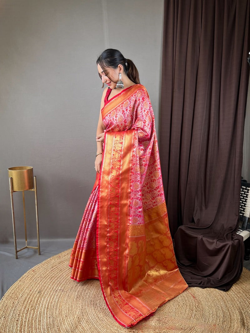 Evocative Pink Kanjivaram Silk Saree With Palimpsest Blouse Piece