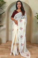 Snappy Beige Embroidery Work Kota Doria Saree With Ethnic Blouse Piece