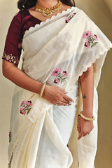 Snappy Beige Embroidery Work Kota Doria Saree With Ethnic Blouse Piece
