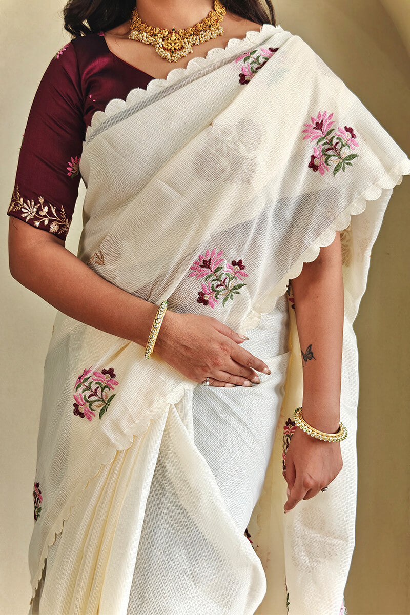 Snappy Beige Embroidery Work Kota Doria Saree With Ethnic Blouse Piece