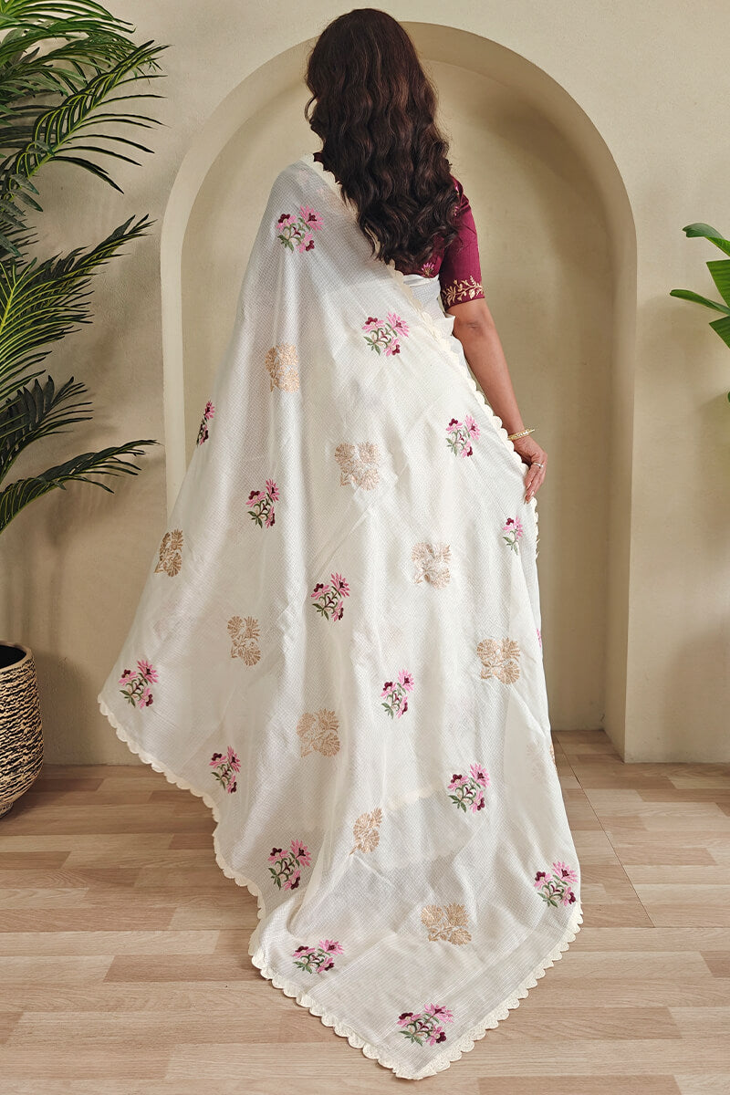 Snappy Beige Embroidery Work Kota Doria Saree With Ethnic Blouse Piece