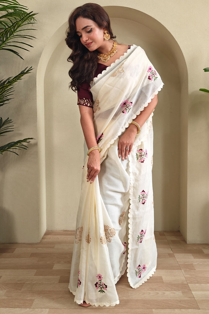 Snappy Beige Embroidery Work Kota Doria Saree With Ethnic Blouse Piece