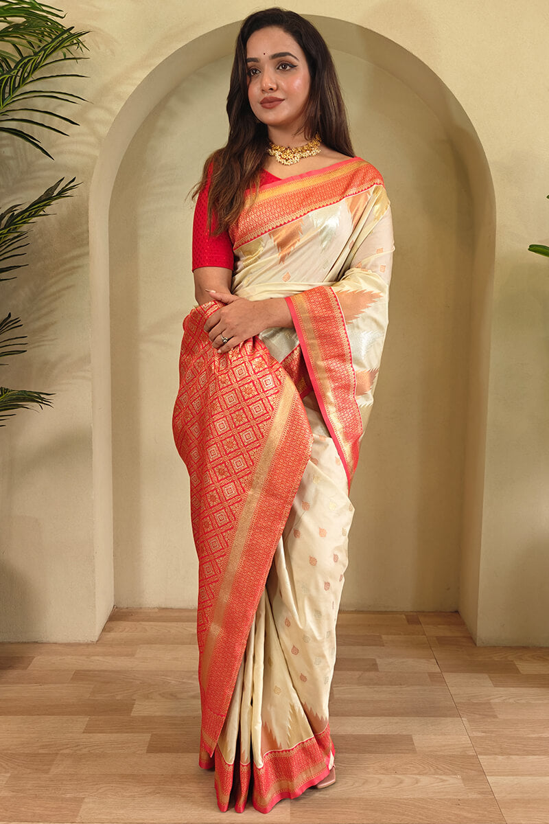 Precious Beige Soft Banarasi Silk Saree With Elegant Blouse Piece